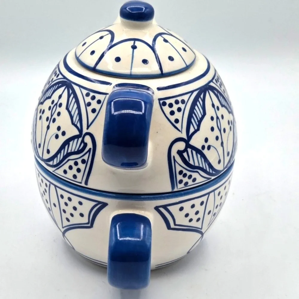 VINTAGE Moroccan Inspired TeaPot Tea For One 3 Piece Blue & White‎ - Thailand